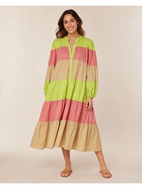 Sunshine Tienda Colorblock Tiered Midi Dress Lime Pink Tan M
